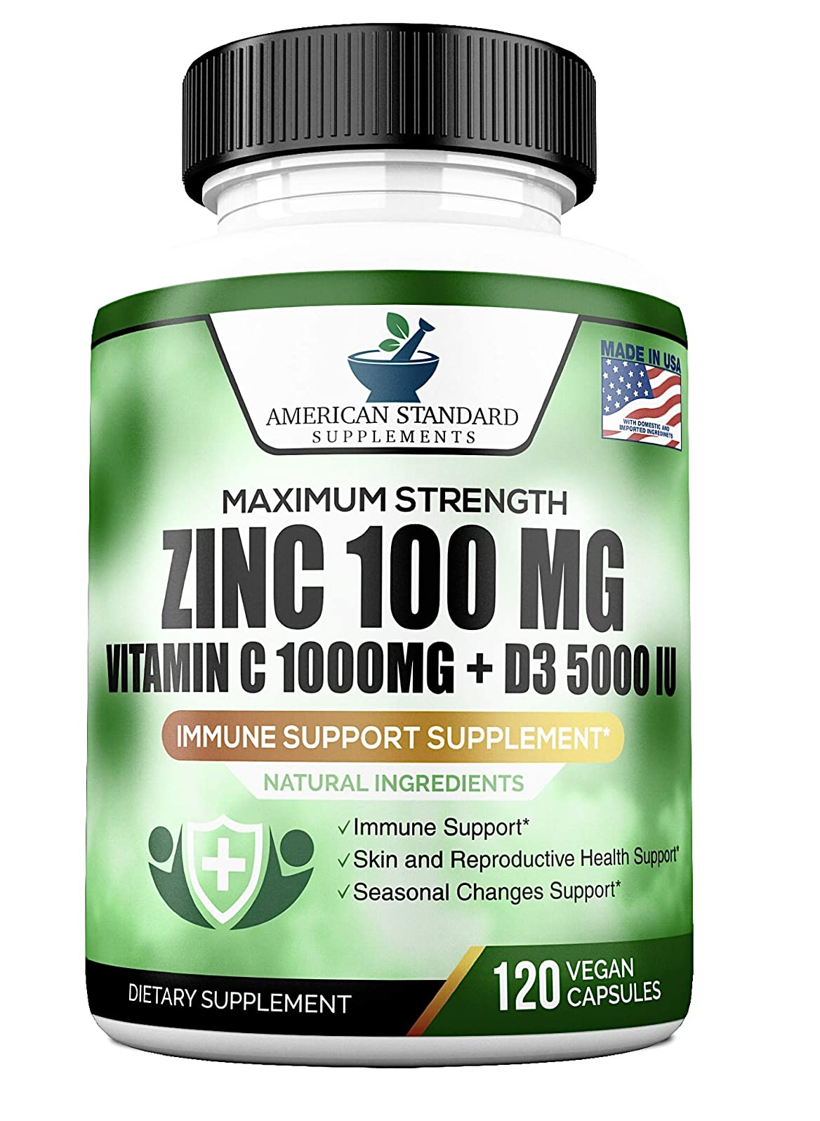 Zinc 100mg, vitamina C 1000mg, vitamina D 5000IU 120 cápsulas veganas 3.53 Onzas