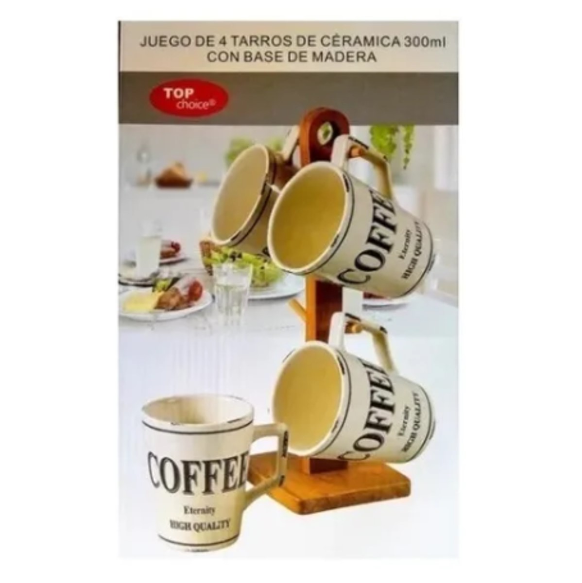 Juego De 4 Tarros O Tazas De Cerámica Y Base De Madera