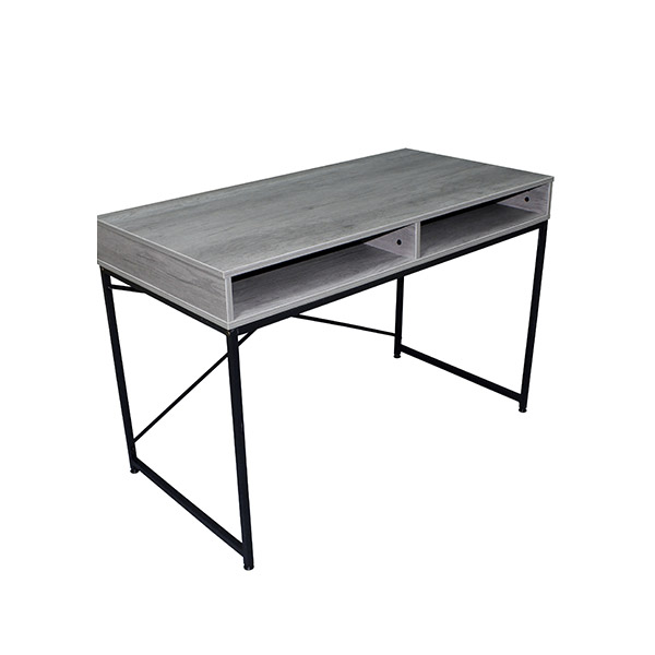 Escritorio de madera con entrepaño color gris