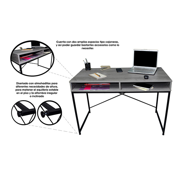 Escritorio de madera con entrepaño color gris