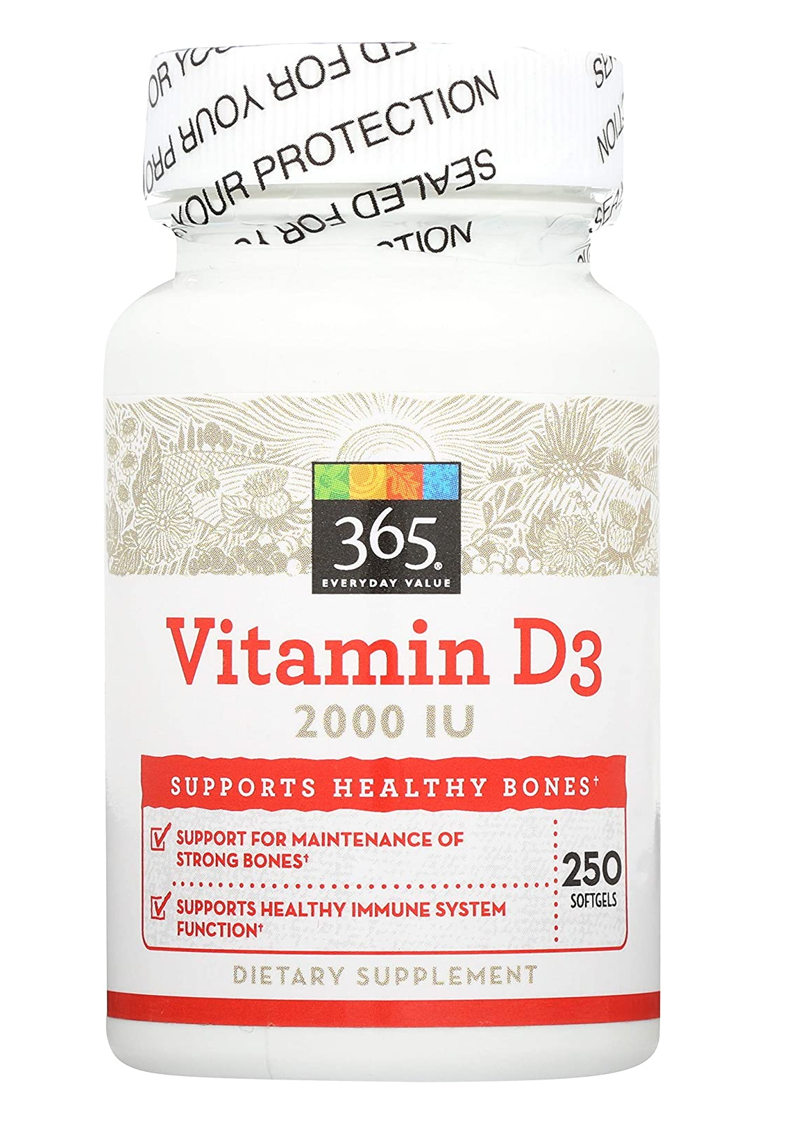 Vitamina D3 2000 UI, 250 cápsulas blandas 1.6 Onzas