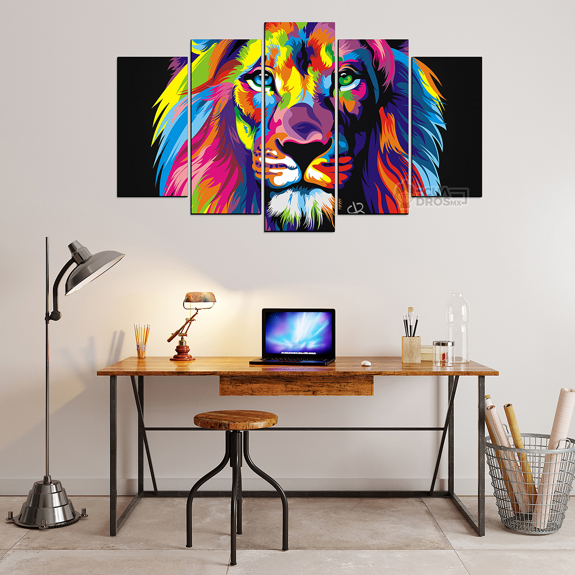 Cuadro Decorativo Leon Colores Art Pop 100x60cm 5pzs Cuadros MX