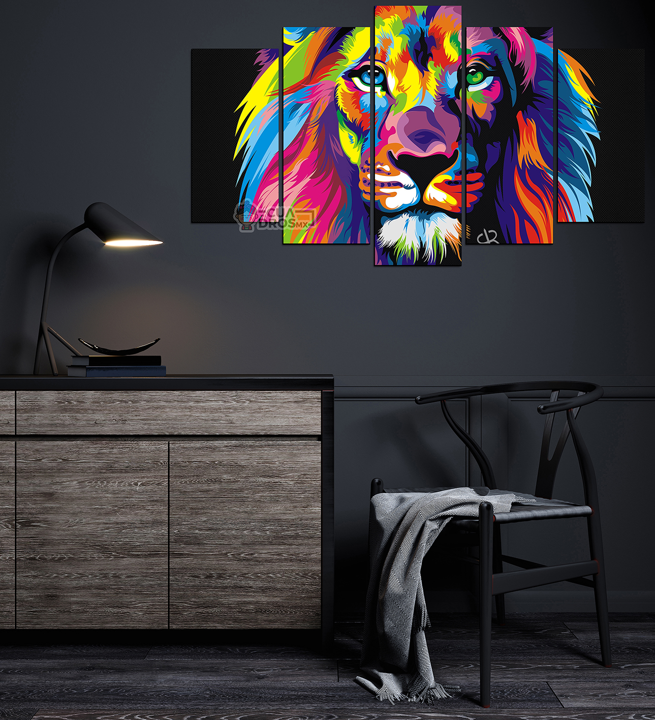 Cuadro Decorativo Leon Colores Art Pop 100x60cm 5pzs Cuadros MX