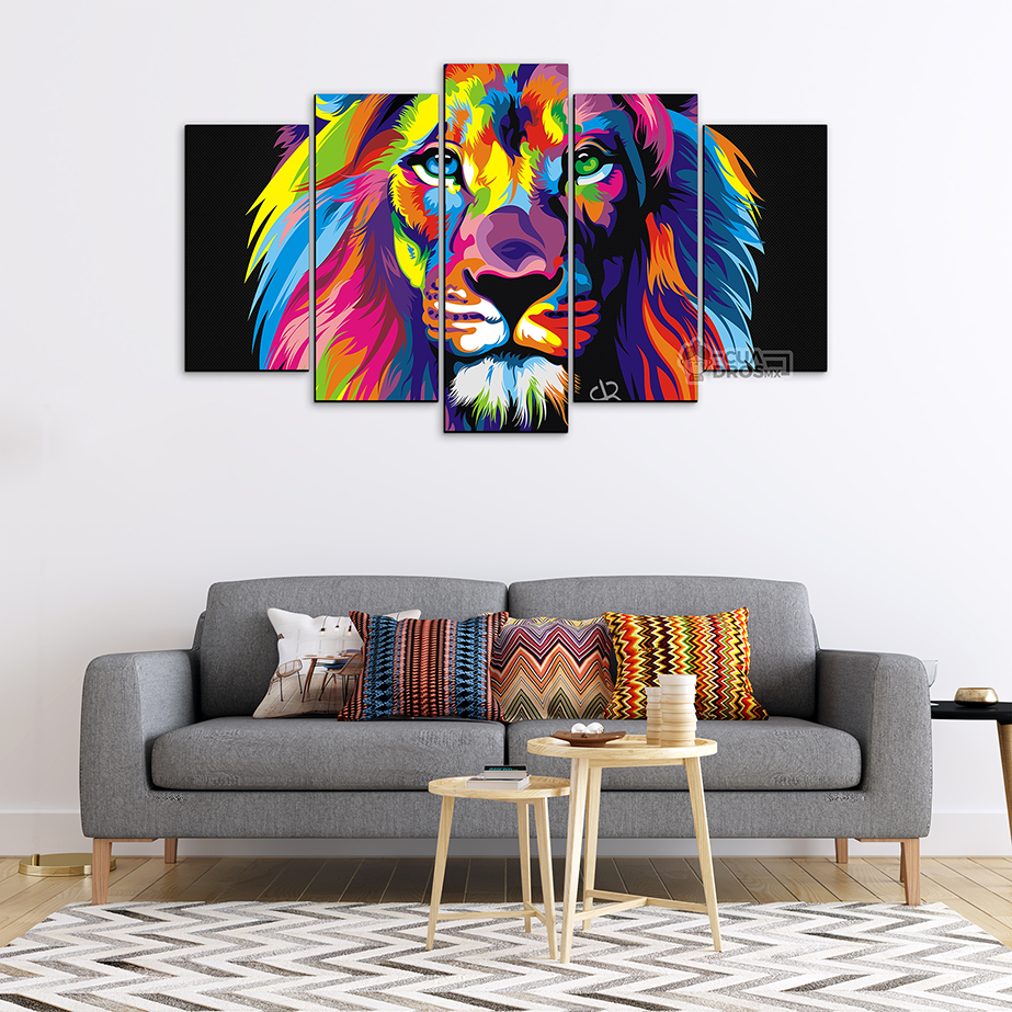 Cuadro Decorativo Leon Colores Art Pop 100x60cm 5pzs Cuadros MX