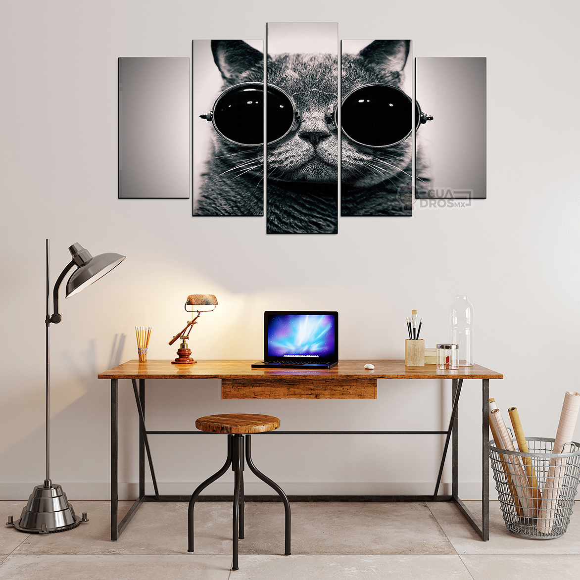 Cuadro Decorativo Gato con lentes Art Pop 100x60cm 5pzs Cuadros MX