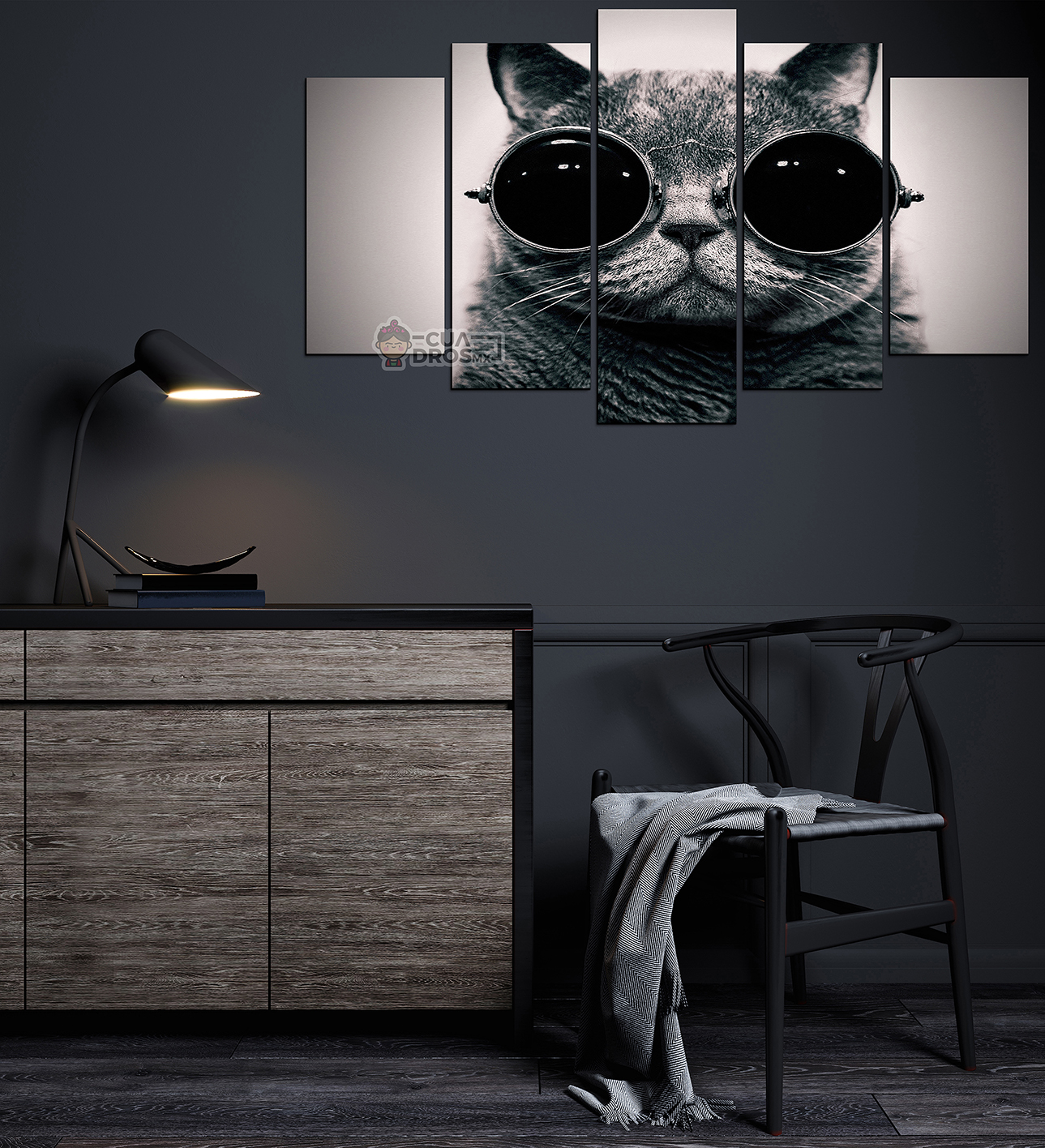 Cuadro Decorativo Gato con lentes Art Pop 100x60cm 5pzs Cuadros MX