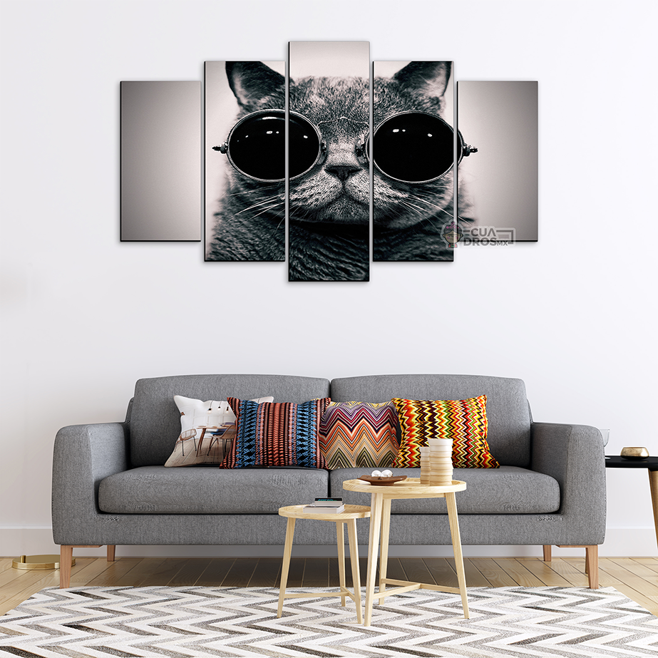 Cuadro Decorativo Gato con lentes Art Pop 100x60cm 5pzs Cuadros MX