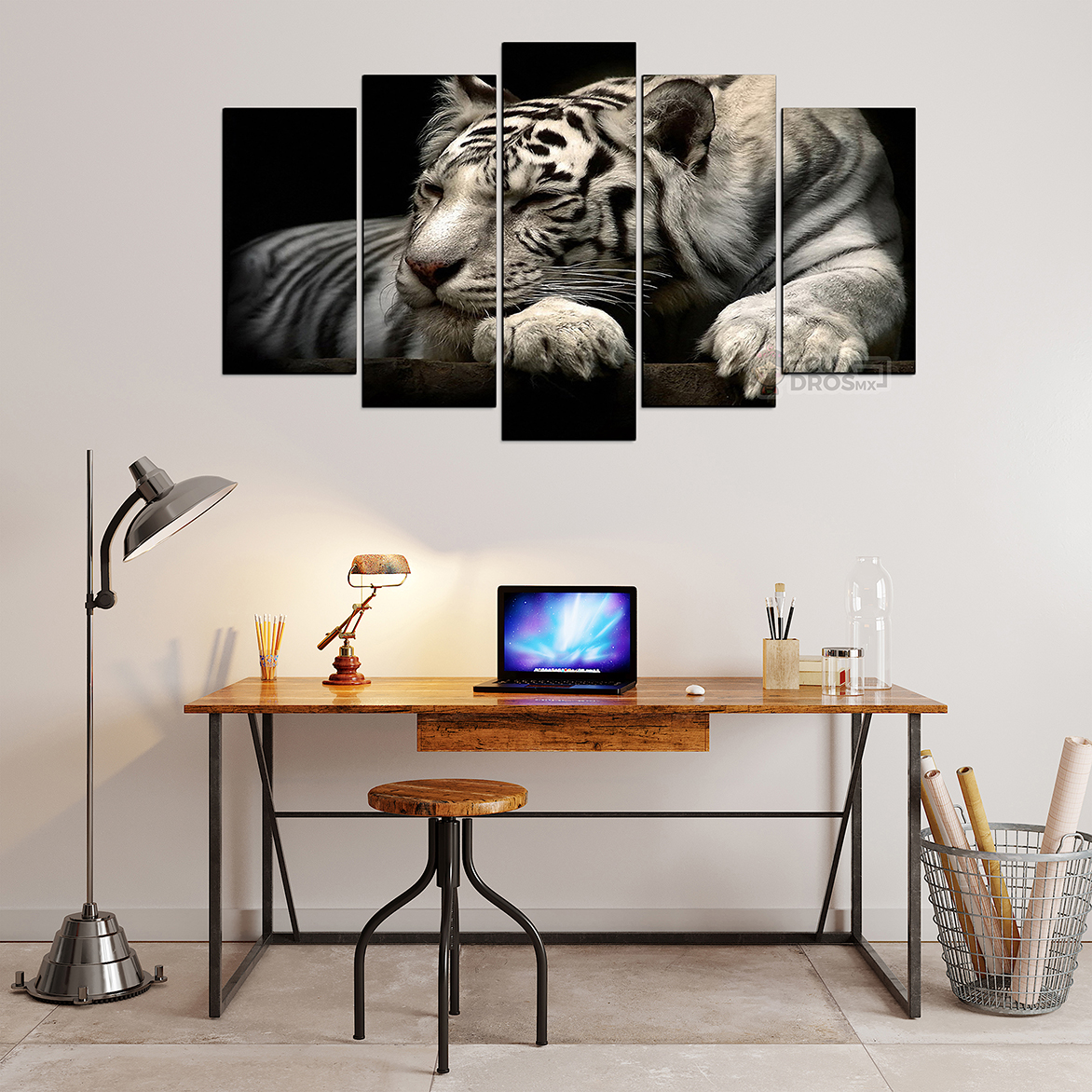 Cuadro Decorativo Tigre Blanco Fondo Blanco 100x60cm 5pzs Cuadros MX