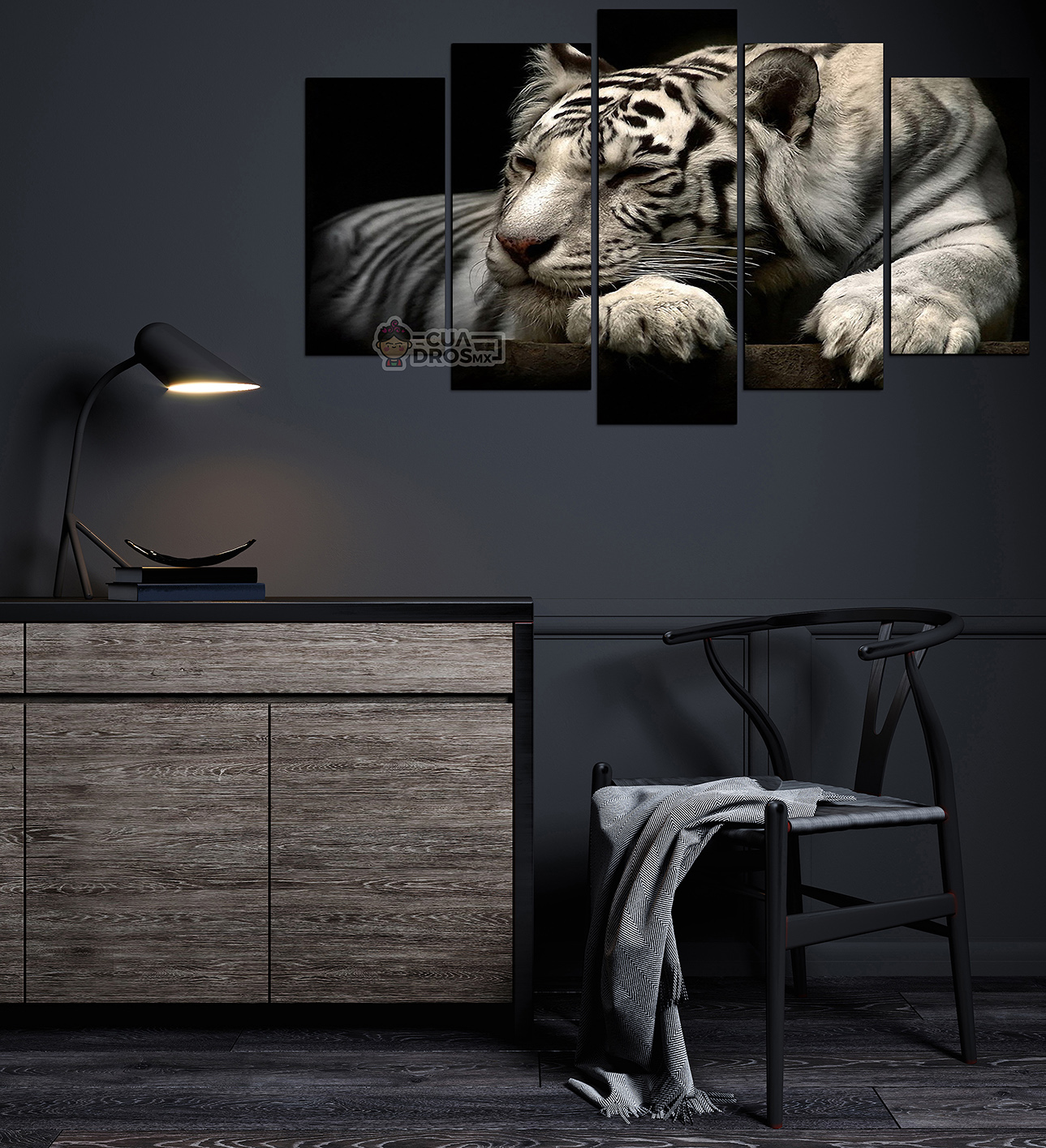 Cuadro Decorativo Tigre Blanco Fondo Blanco 100x60cm 5pzs Cuadros MX