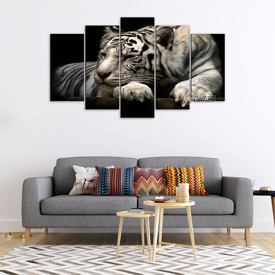 Cuadro Decorativo Tigre Blanco Fondo Blanco 100x60cm 5pzs Cuadros MX