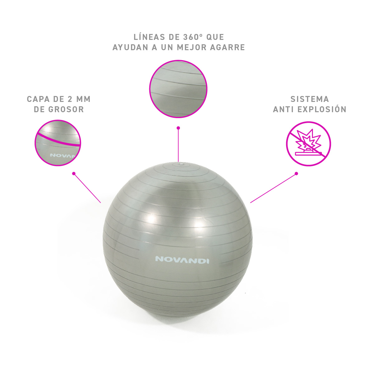 Pelota de Ejercicio 65 cm para Yoga, Pilates y Fitness color Plata.