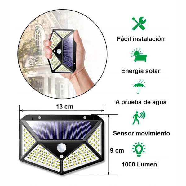 Lampara Solar 100 Led Sensor Movimiento Multi Posiciones