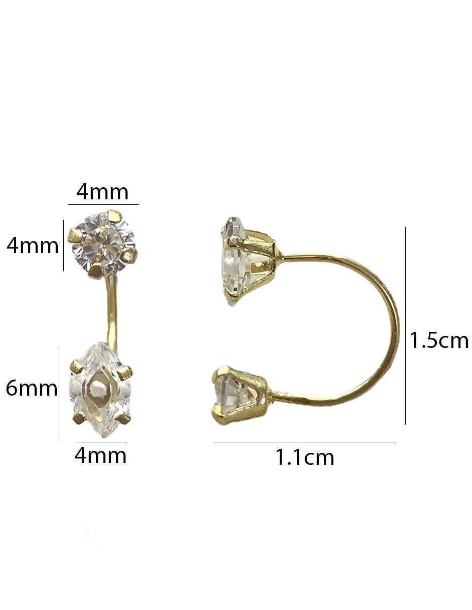 Arete curvo, para niña, piercing con zirconia redonda en Oro 10k - Mancini Joyas