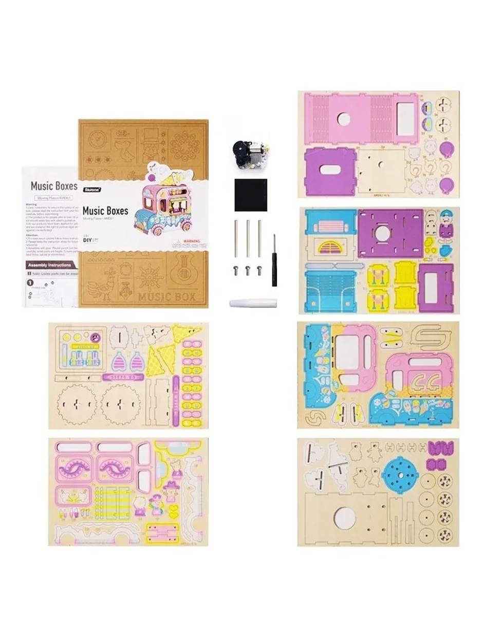 Caja Músical Robotime Vagoneta Armable Niños Bloques Madera