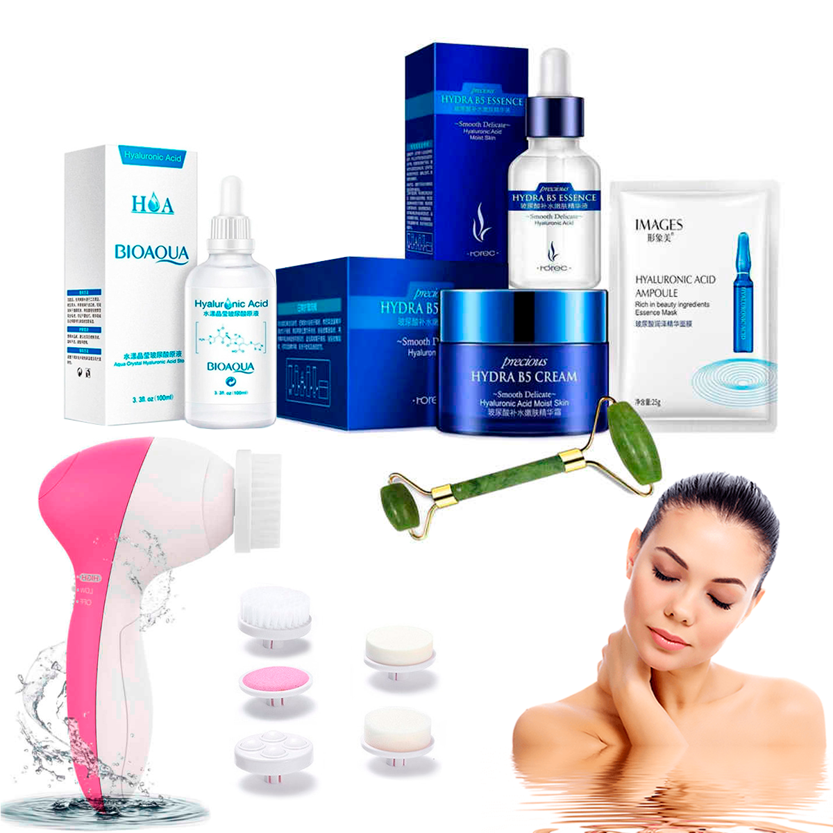 Crema De Ácido Hialurónico + Acido Hialuronico Rorec + Acido Hialuronico Bioaqua + Mascarilla facial + Rodillo Jade + Cepillo Facial 5 En 1 Kit Facial