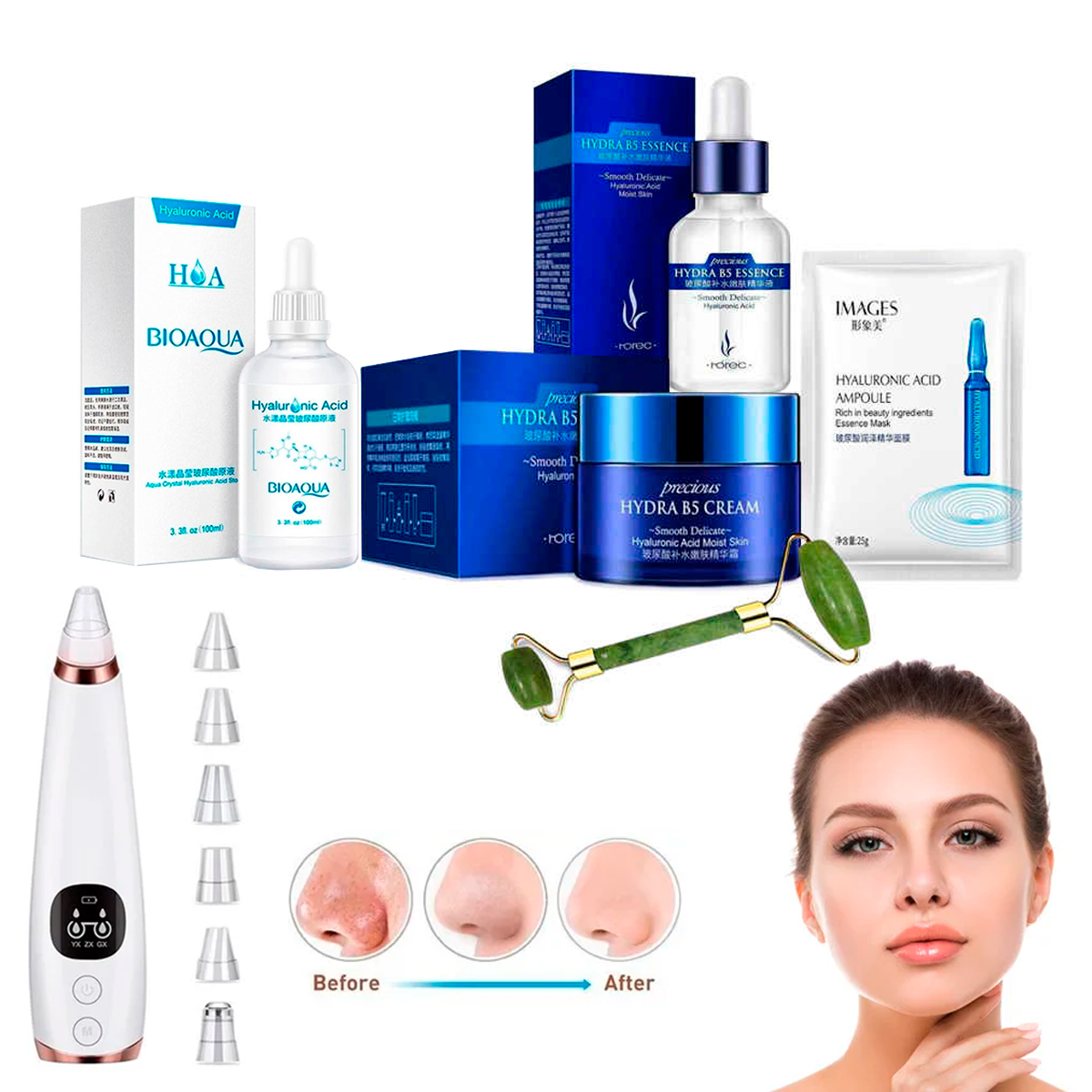 Crema De Ácido Hialurónico, Acido Hialuronico Rorec, Acido Hialuronico Bioaqua, Mascarilla facial, Rodillo Jade , Limpiador Extractor De Puntos Negros, removedor de puntos negros