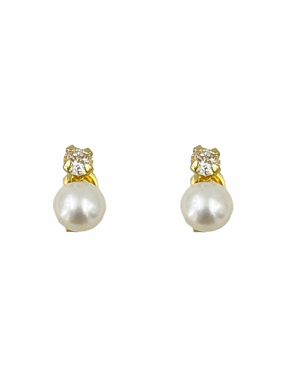 Broquel mini perla cultivada natural, con zirconia, ideal para niña Oro 10k - Mancini Joyas