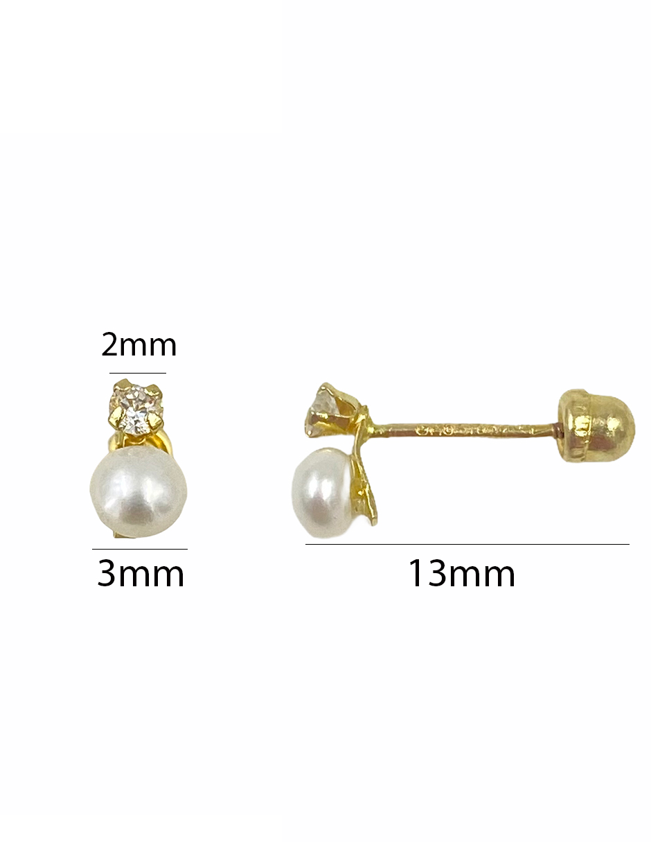 Broquel mini perla cultivada natural, con zirconia, ideal para niña Oro 10k - Mancini Joyas