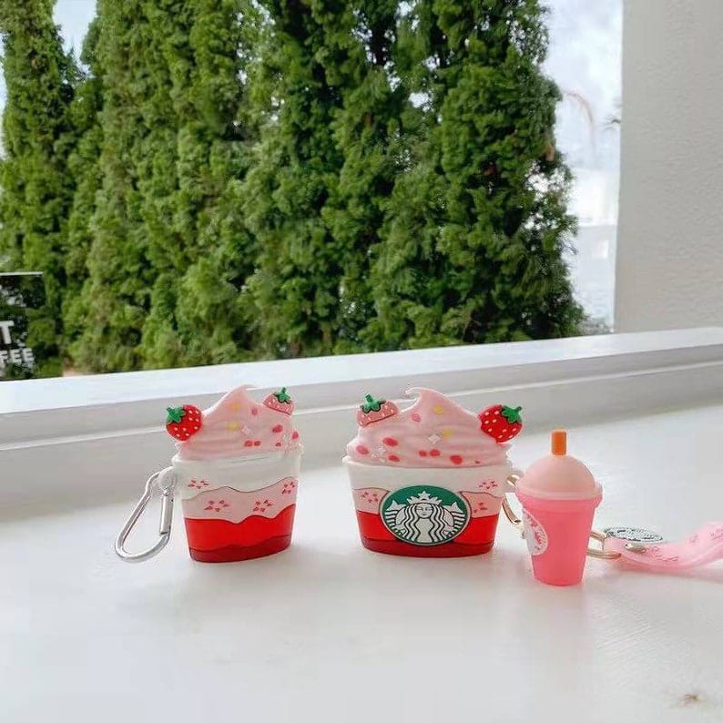Funda 3D Aipods Generacion Pro Diseño Vaso Starbucks Rosa Fresas 