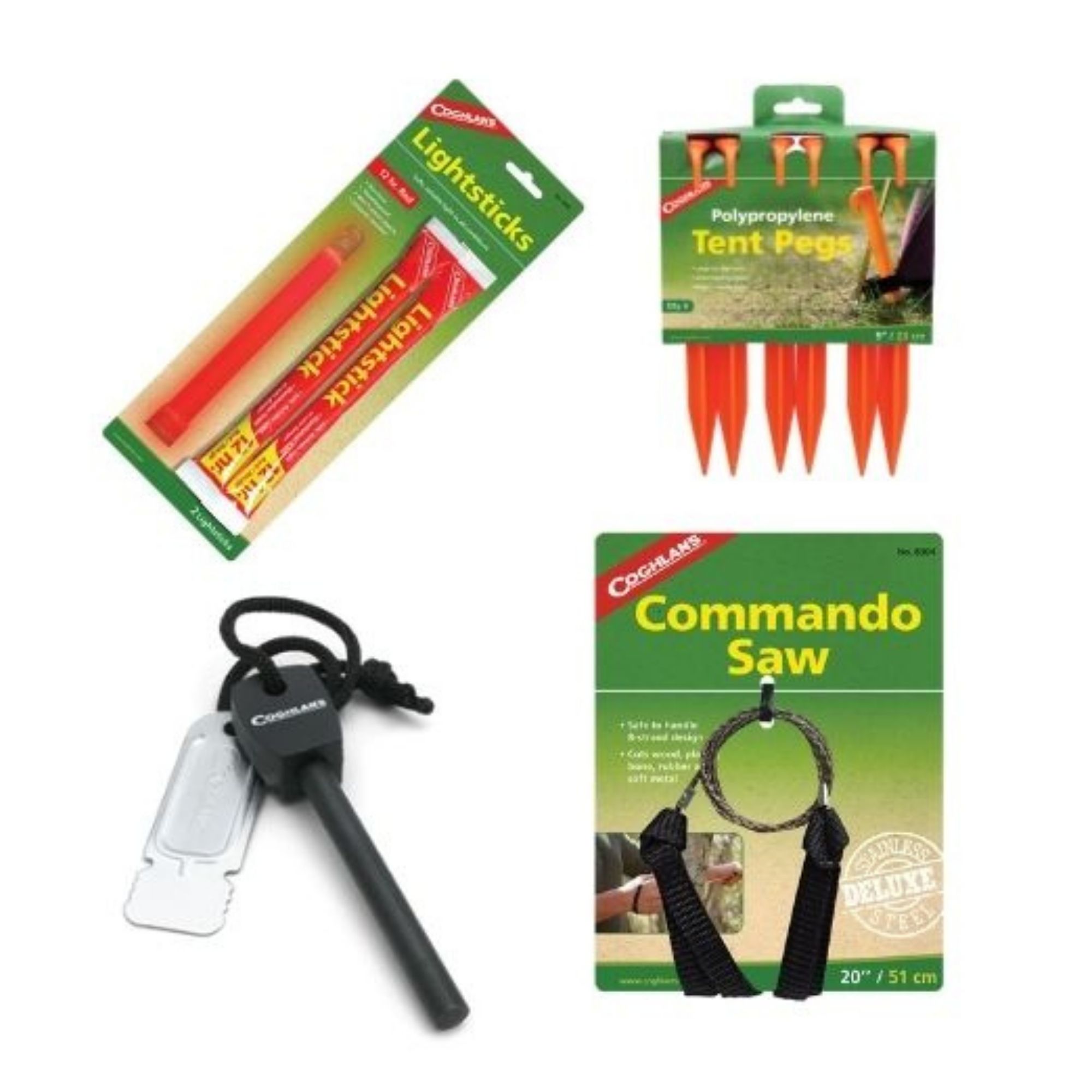 Combo Para Camping Estacas, Pedernal, Sierra Y Luces Quimica
