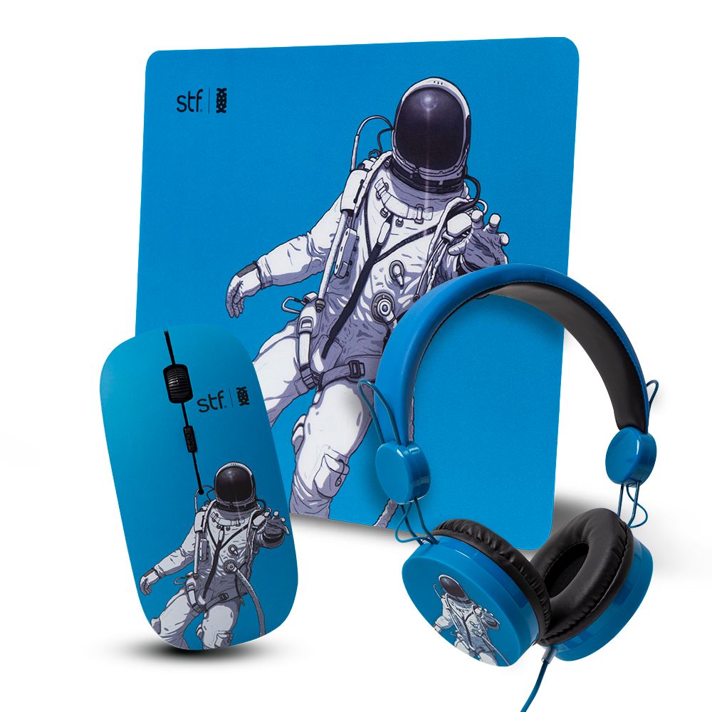 Combo 3 en 1 Mouse Inalámbrico Audífono On Ear y Mousepad Azul STF Collabs X Erick Escalante