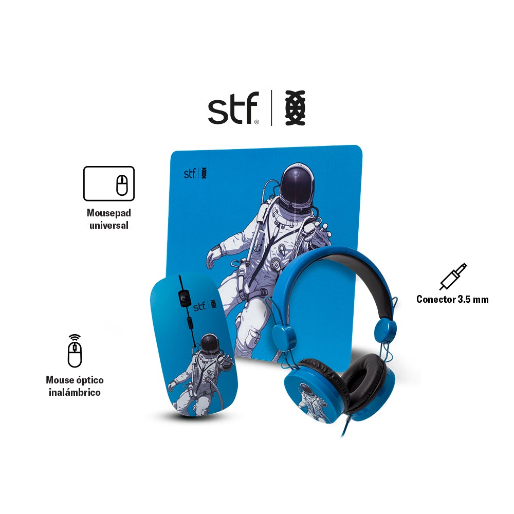 Combo 3 en 1 Mouse Inalámbrico Audífono On Ear y Mousepad Azul STF Collabs X Erick Escalante