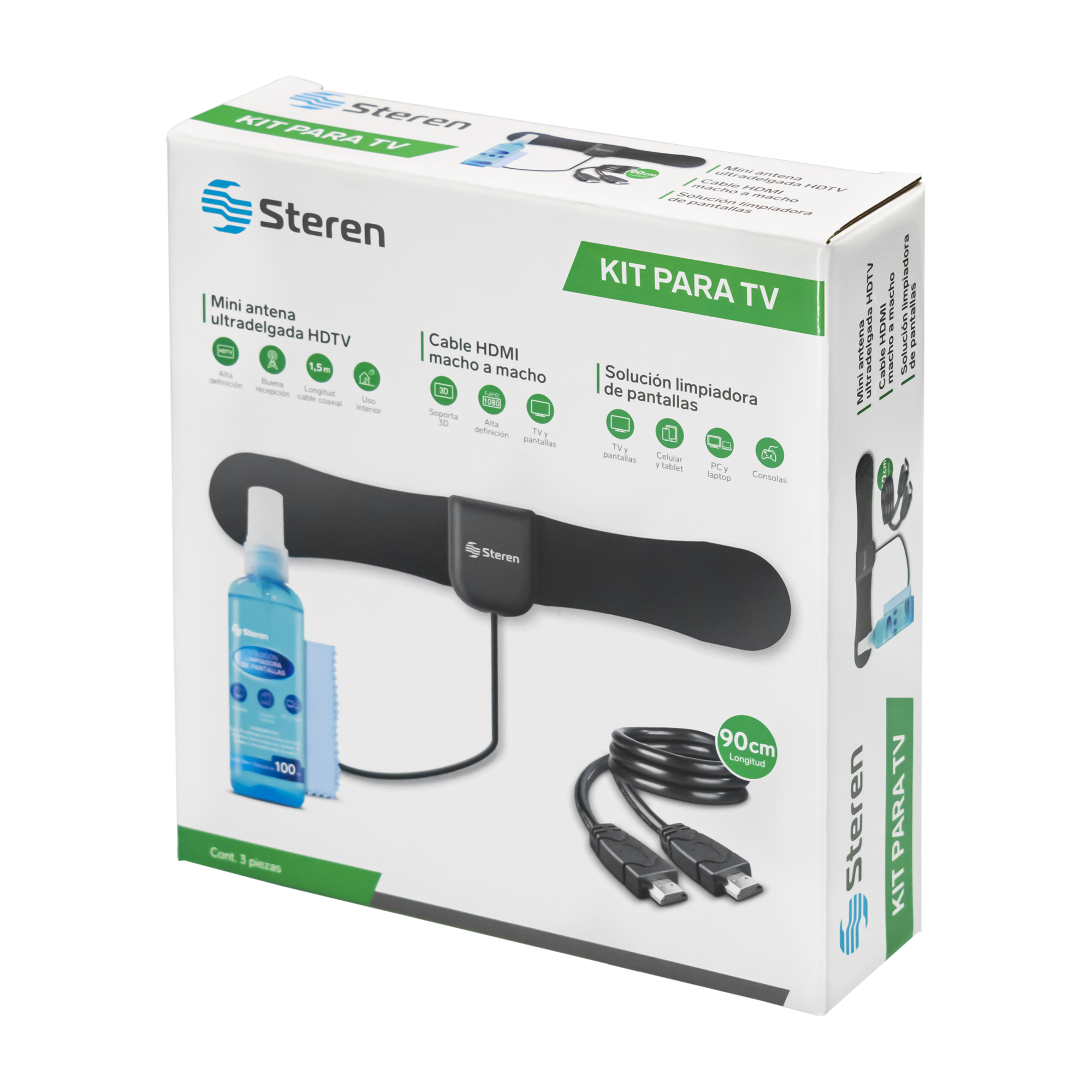 Paquete Video Steren Antena, HDMI y Limpiador de Pantallas PACK-VID-14 Negro