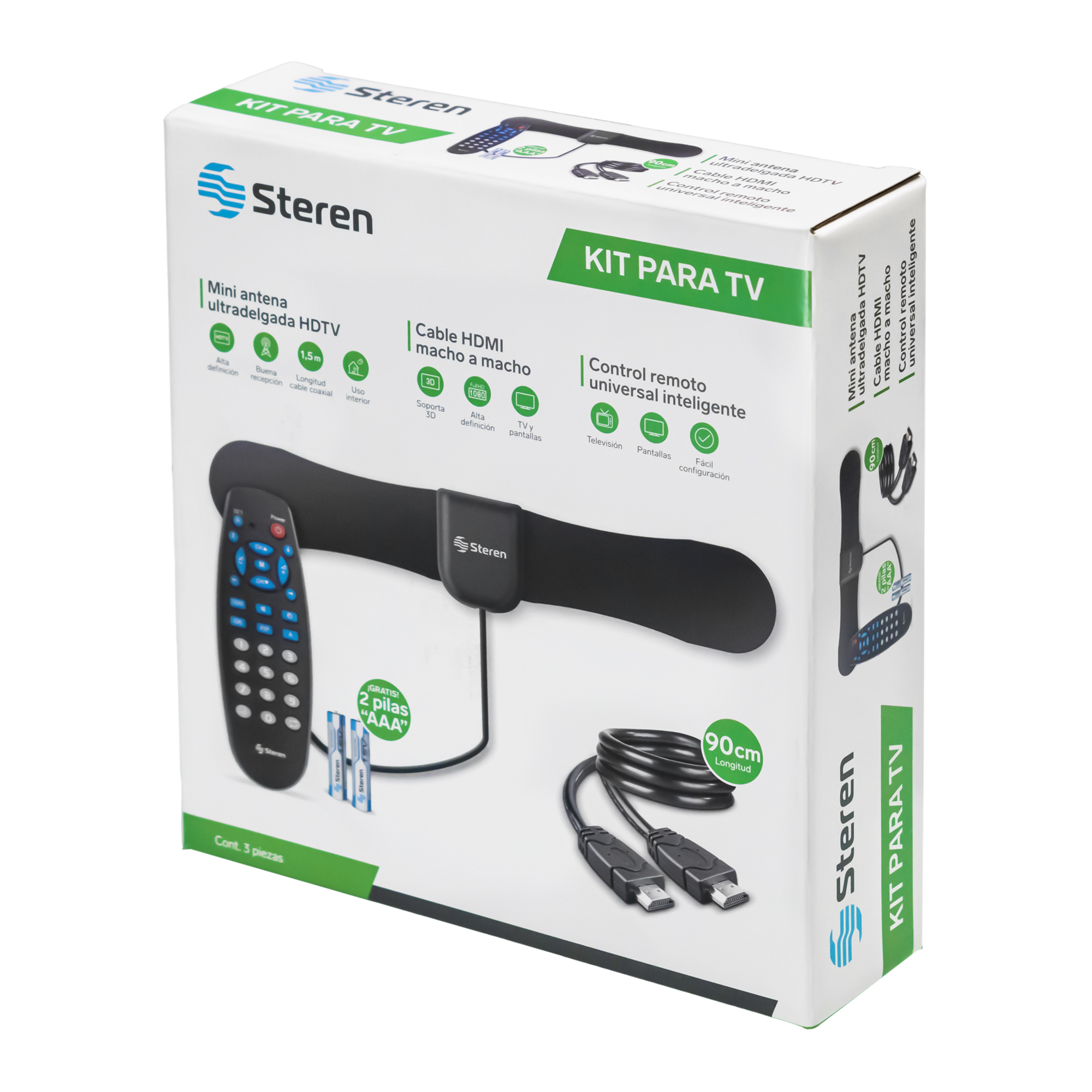 Paquete Video Steren Antena, Cable HDMI, Control Remoto Inteligente y Pilas PACK-VID-19