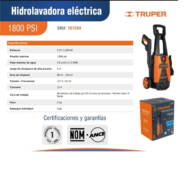 Hidrolavadora Eléctrica 1800PSI HILA-1800 Truper Calidad Premium para Autos Autolavados Maquina para lavar presión