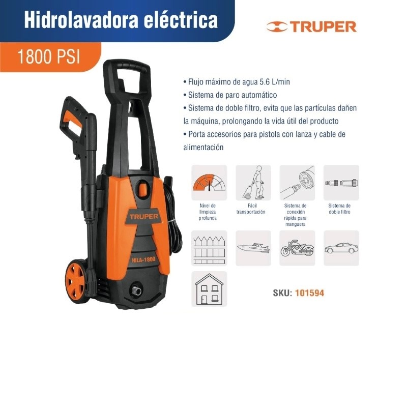 Hidrolavadora Eléctrica 1800PSI HILA-1800 Truper Calidad Premium para Autos Autolavados Maquina para lavar presión