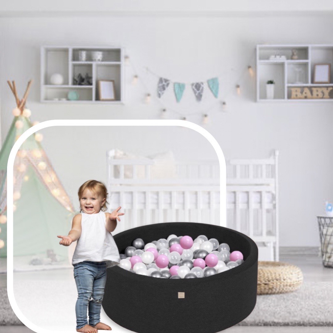 ALBERCA SECA CON PELOTAS DE PLASTICO NATURE GARTEN PISCINA BEBÉ NEGRA + MIX 150 PELOTAS