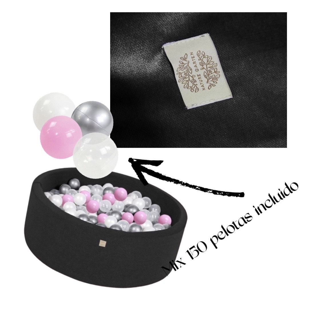 ALBERCA SECA CON PELOTAS DE PLASTICO NATURE GARTEN PISCINA BEBÉ NEGRA + MIX 150 PELOTAS