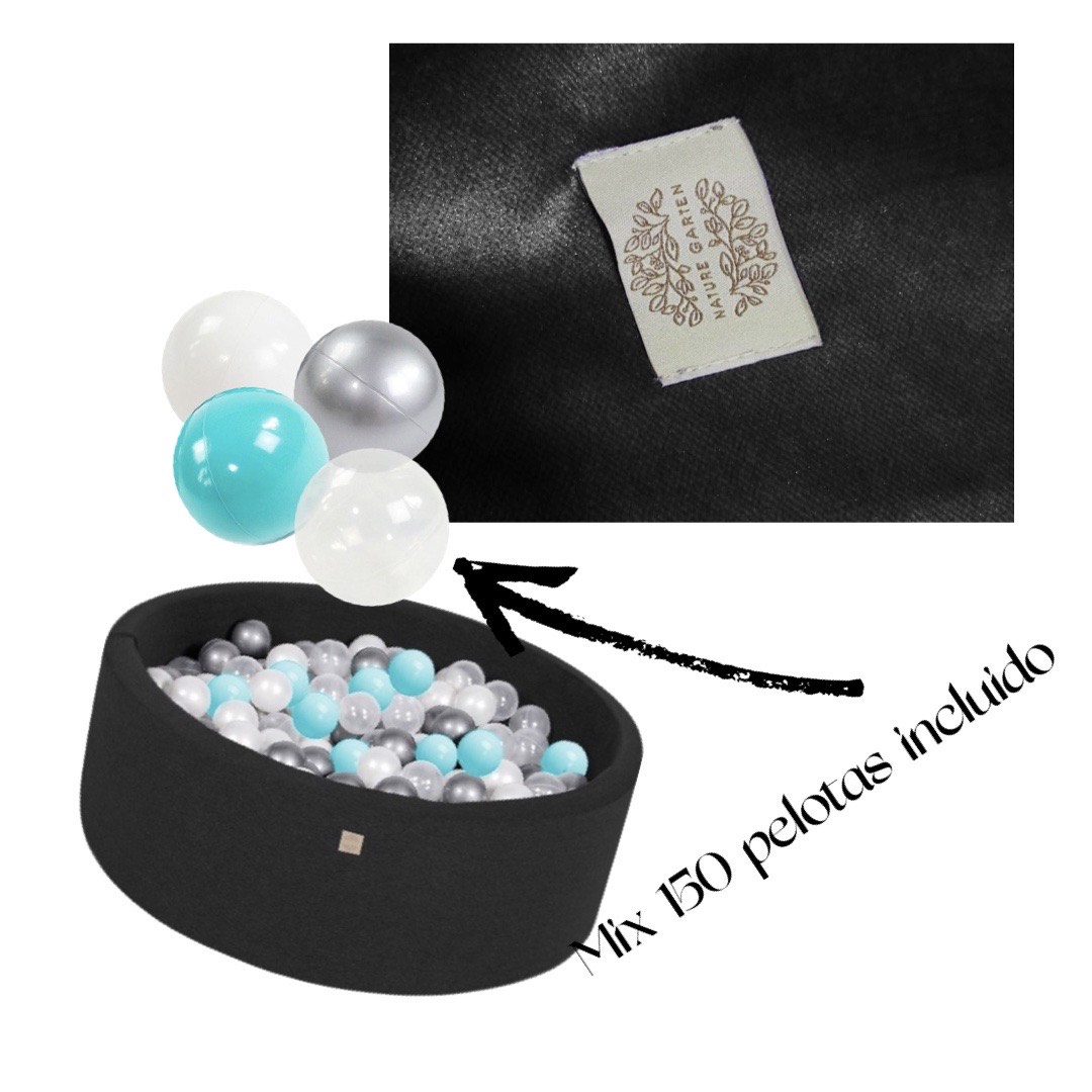 ALBERCA SECA CON PELOTAS DE PLASTICO NATURE GARTEN PISCINA BEBÉ NEGRA + MIX 150 PELOTAS