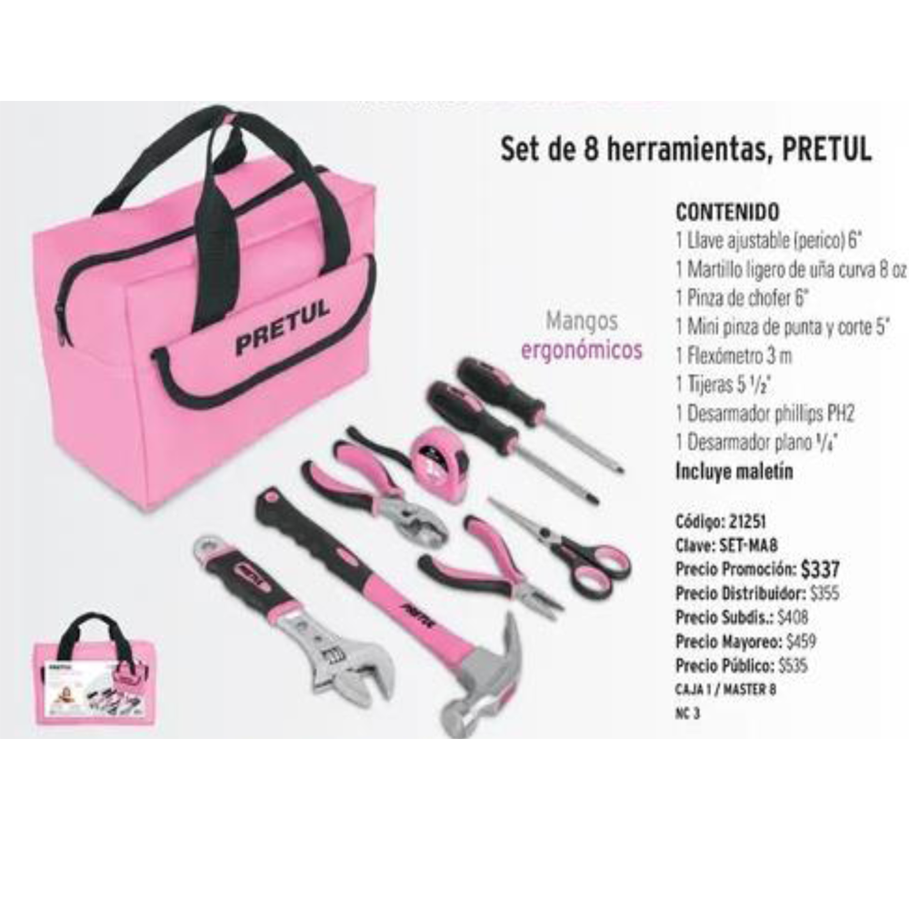 Herramientas Color Rosa 8 Piezas Pretul Con Maletin 