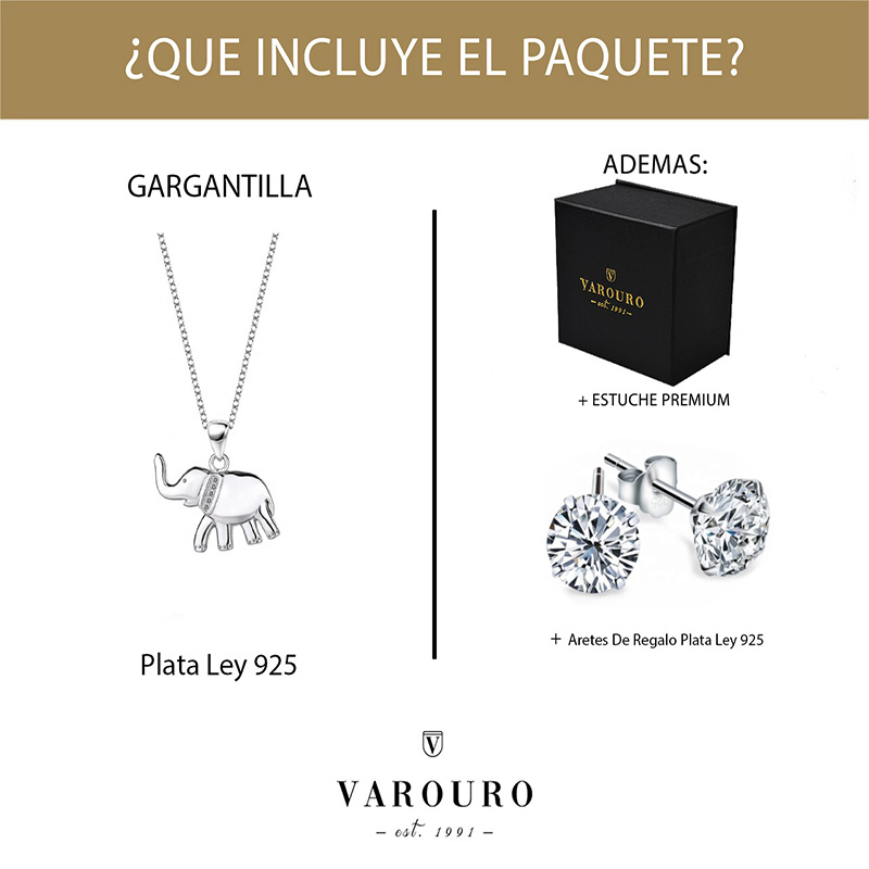 Gargantilla Elefante VAROURO  Collar Plata Ley 925 Zirconia + Estuche