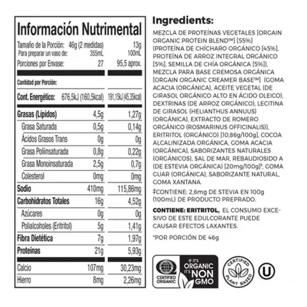 Proteina Organica Polvo Orgain 1.242 Kg Chocolate 