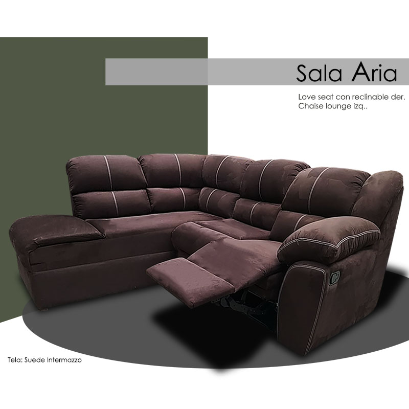 Sala Aria Love con reclinable y chaise Izquierdo Tela Suede Chocolate Maderian//ENTREGA A CDMX Y ZONA METROPOLITANA.