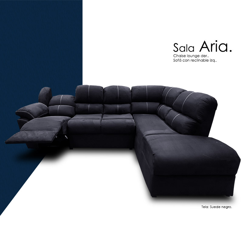 Sala Aria sofa con reclinable y chaise derecho Tela Suede Negro Maderian//ENTREGA A CDMX Y ZONA METROPOLITANA.