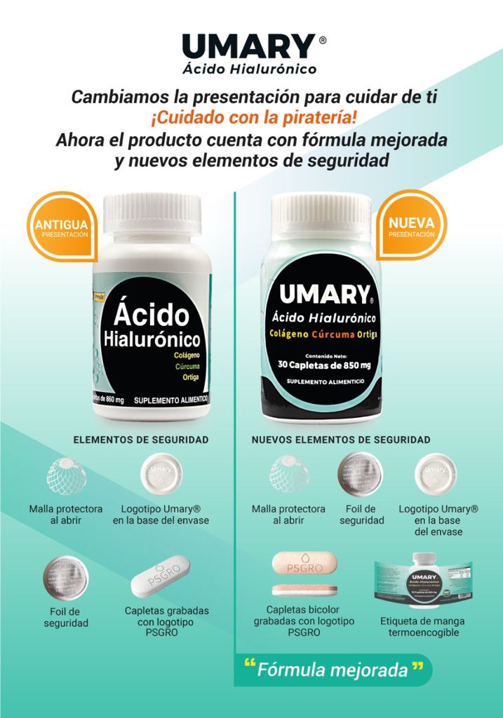 Ácido Hialuronico Colageno Cúrcuma Ortiga 30 Capletas UMARY 860 mg Original