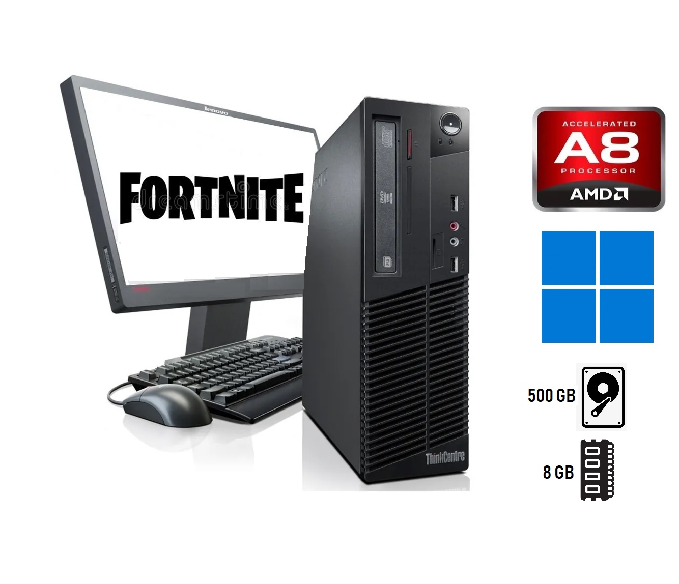 PC  Lenovo ThinkCentre M79 3.5 GHz AMD A8 Negro SFF 8 GB Ram, 500 GB Disco duro Windows 10 Pro NO DVD Monitor de 22pulgadas Equipo Clase A, Reacondicionado