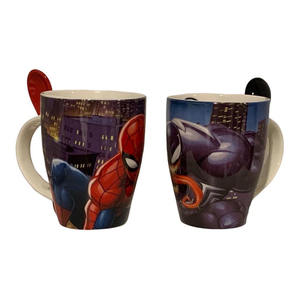 Set 2 Tazas Spiderman & Venom Pareja Amistad Marvel Tarros con Cucharas Hombre Araña