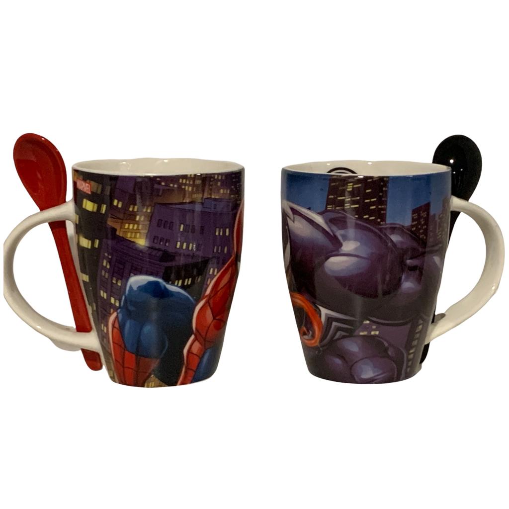 Set 2 Tazas Spiderman & Venom Pareja Amistad Marvel Tarros con Cucharas Hombre Araña