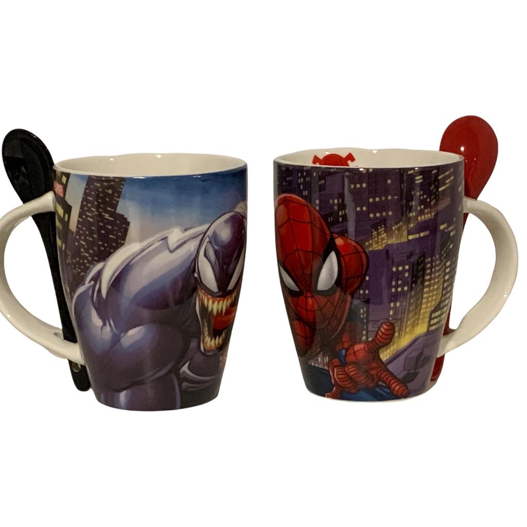 Set 2 Tazas Spiderman & Venom Pareja Amistad Marvel Tarros con Cucharas Hombre Araña