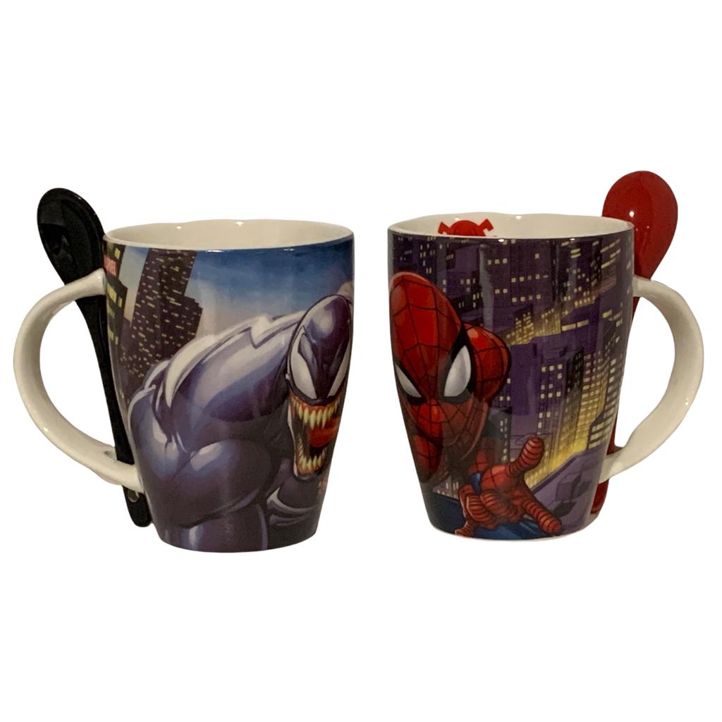 Set 2 Tazas Spiderman & Venom Pareja Amistad Marvel Tarros con Cucharas Hombre Araña