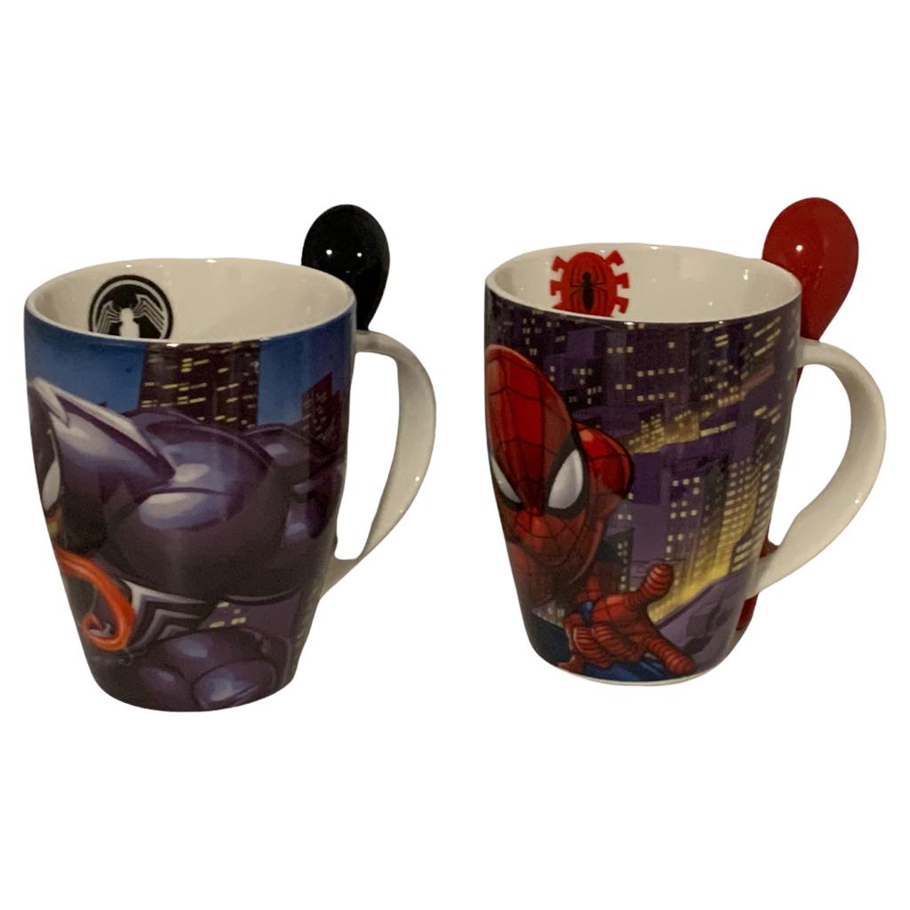 Set 2 Tazas Spiderman & Venom Pareja Amistad Marvel Tarros con Cucharas Hombre Araña