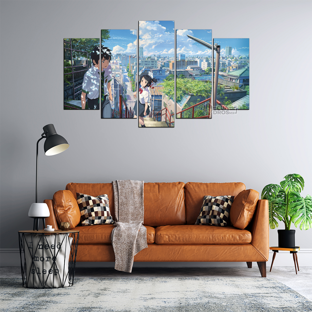 Cuadro Decorativo Anime Kimi No Na Wa Taki & Mitsuha en la Ciudad Your Name 100x60cm 5pzs Cuadros MX