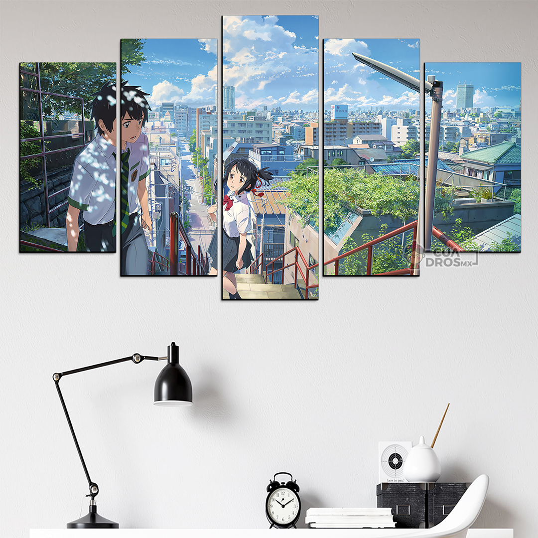 Cuadro Decorativo Anime Kimi No Na Wa Taki & Mitsuha en la Ciudad Your Name 100x60cm 5pzs Cuadros MX