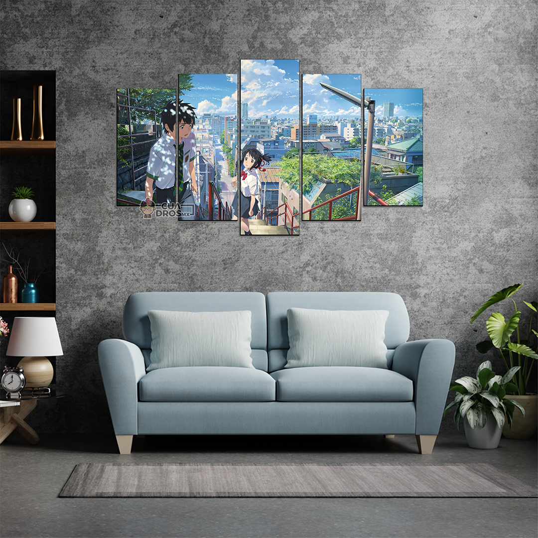 Cuadro Decorativo Anime Kimi No Na Wa Taki & Mitsuha en la Ciudad Your Name 100x60cm 5pzs Cuadros MX