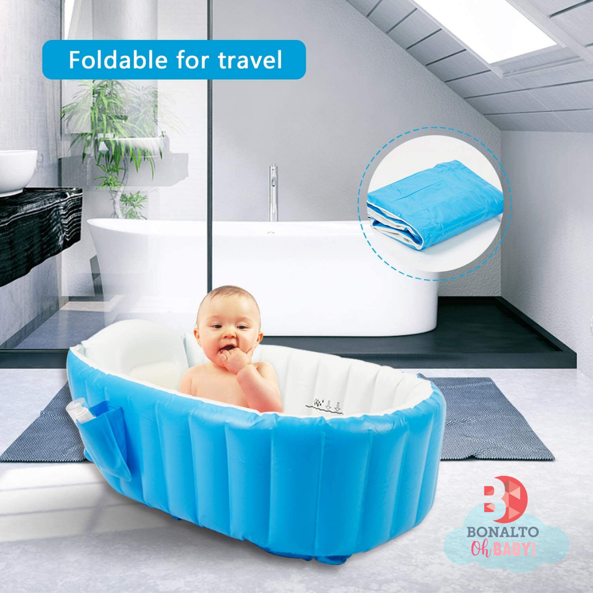 Tina Bañera inflable para bebé, portátil, antideslizante, para viajes, mini piscina de aire, para niños, gruesa, plegable, con bomba de aire, color azul