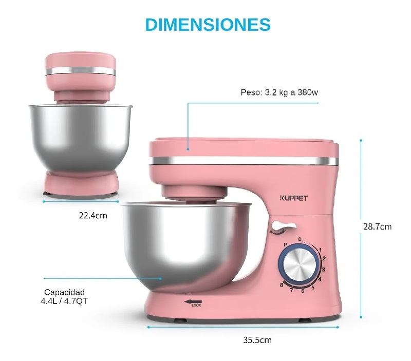 Batidora De Pedestal Kuppet 4,7 Qt 8 Velocidades. Rosa